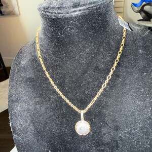 Swarovski Pave Round Disco Ball Pendant Necklace Gold Tone